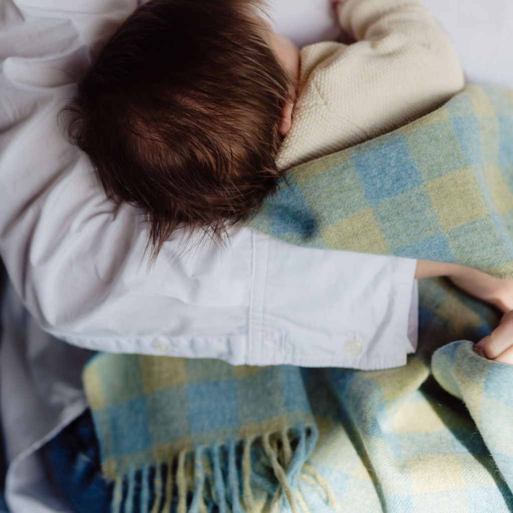 Person holding a baby wrapped in a checkered blanket