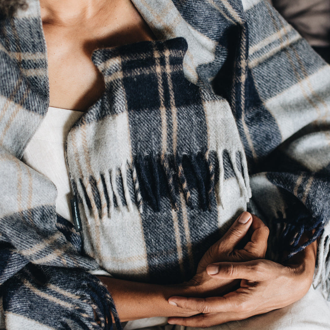 Recycled Wool Tartan Hot Water Bottle Covers | Navy