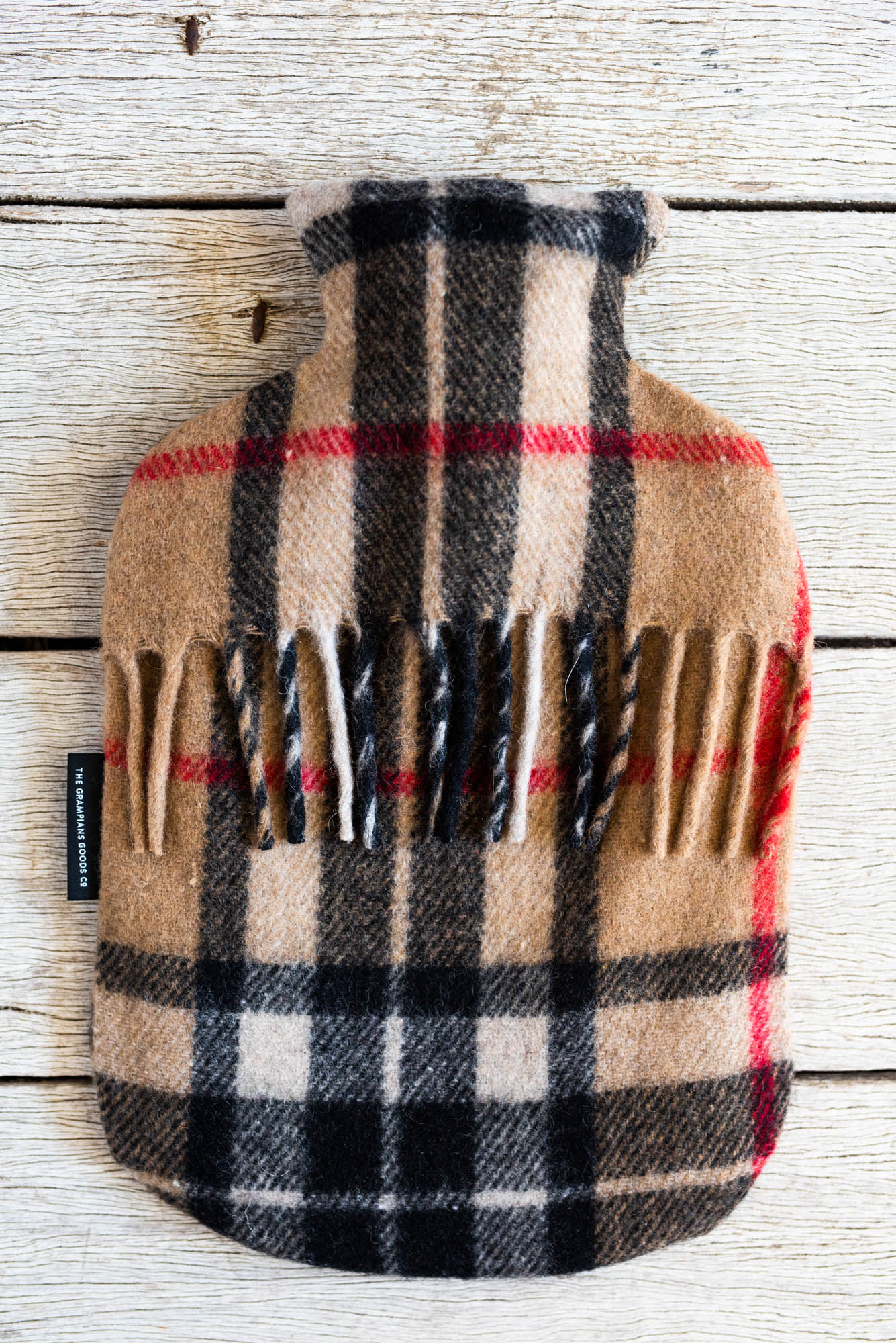 Recycled Wool Tartan Hot Water Bottle Covers | Camel