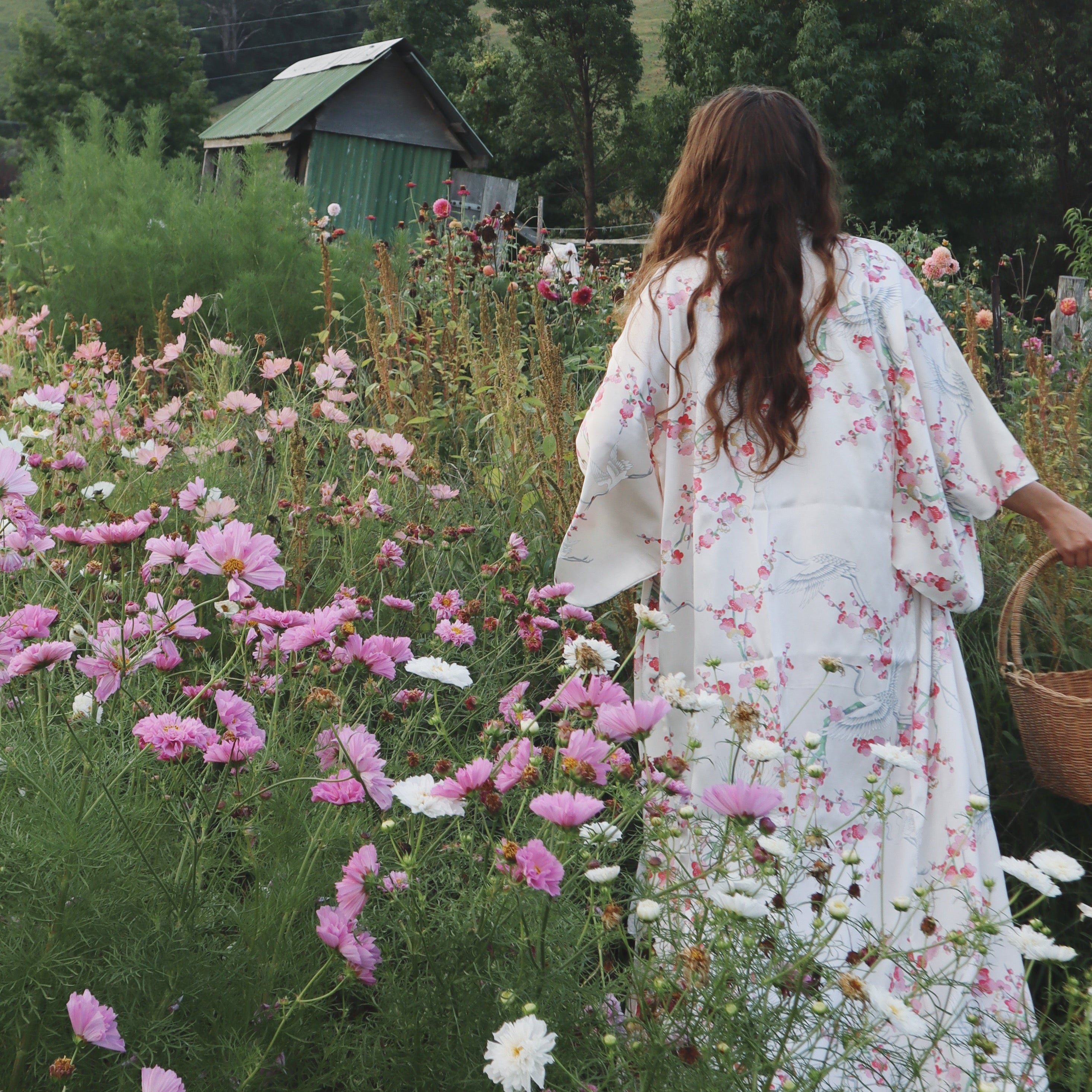 Woman in a silk kimono standing in a field of flowers with a mountainous background