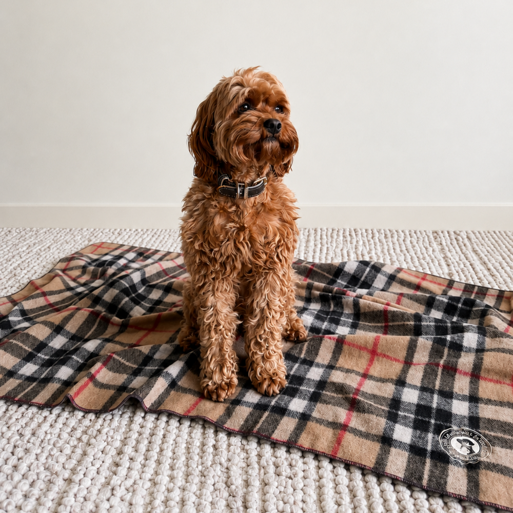 A small brown curly-haired dog sits on a plaid blanket laid out on a textured cream rug against a plain off-white wall.