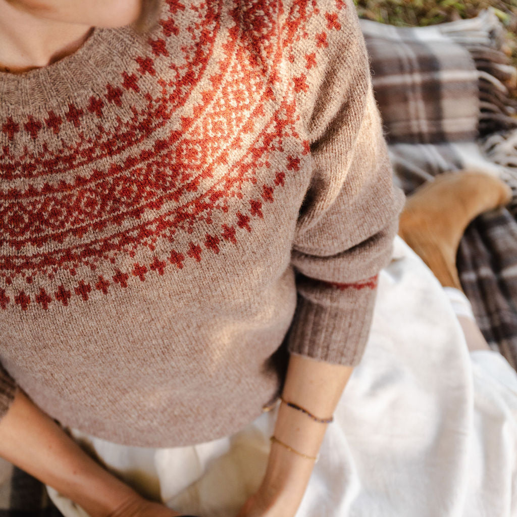 Person wearing a patterned sweater holding a black mug outdoors on a plaid blanket.