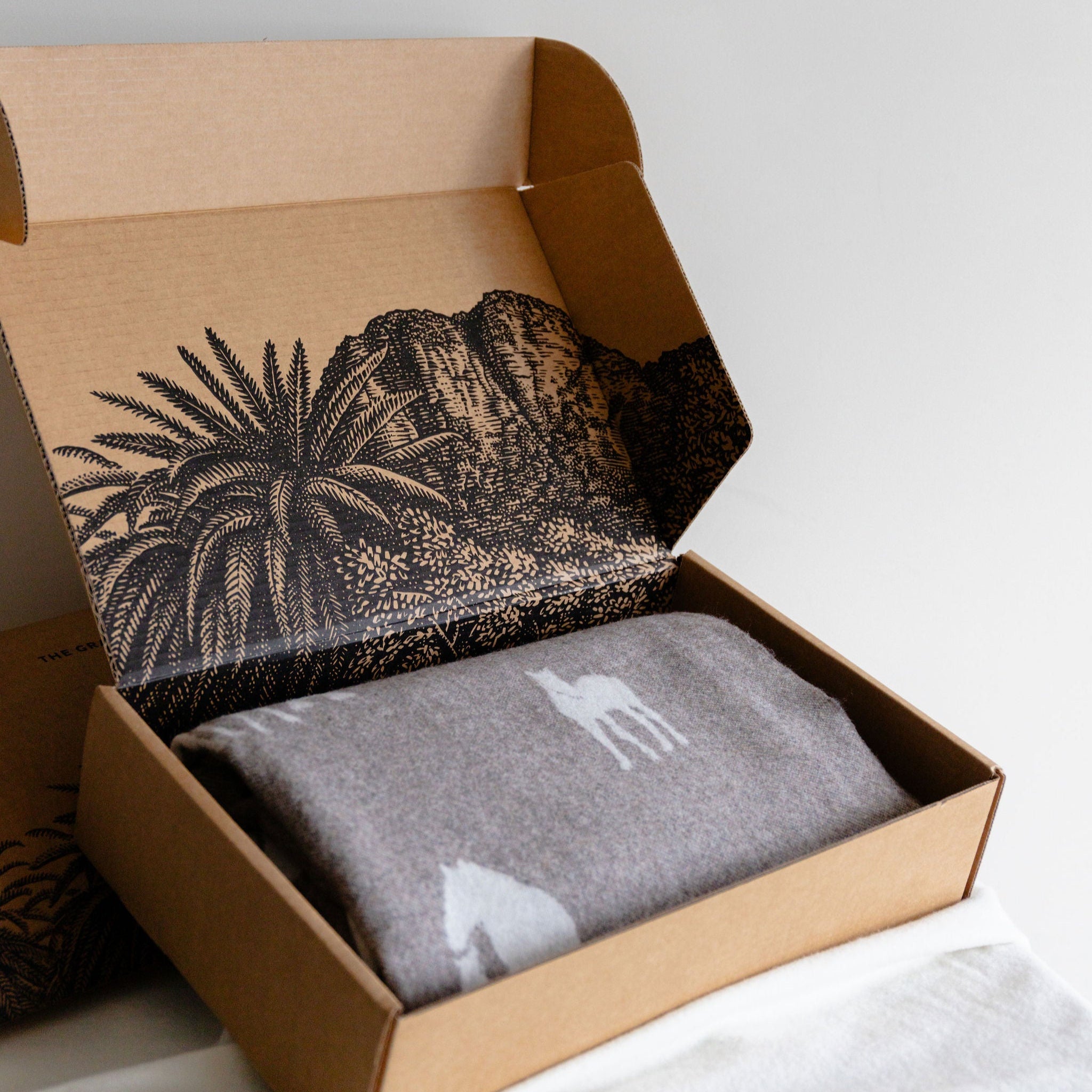 Open cardboard box containing a horse patterned wool blanket.