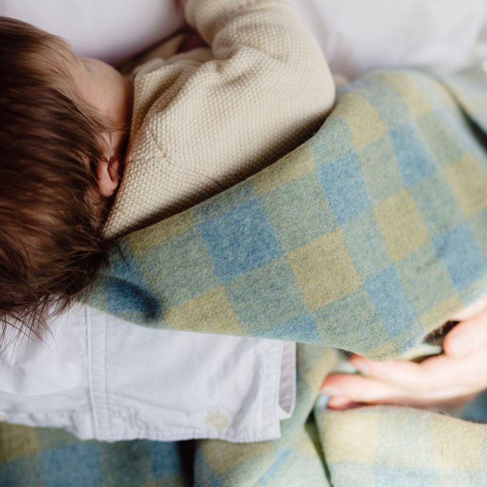 Baby wrapped in a checkered blanket being held by an adult