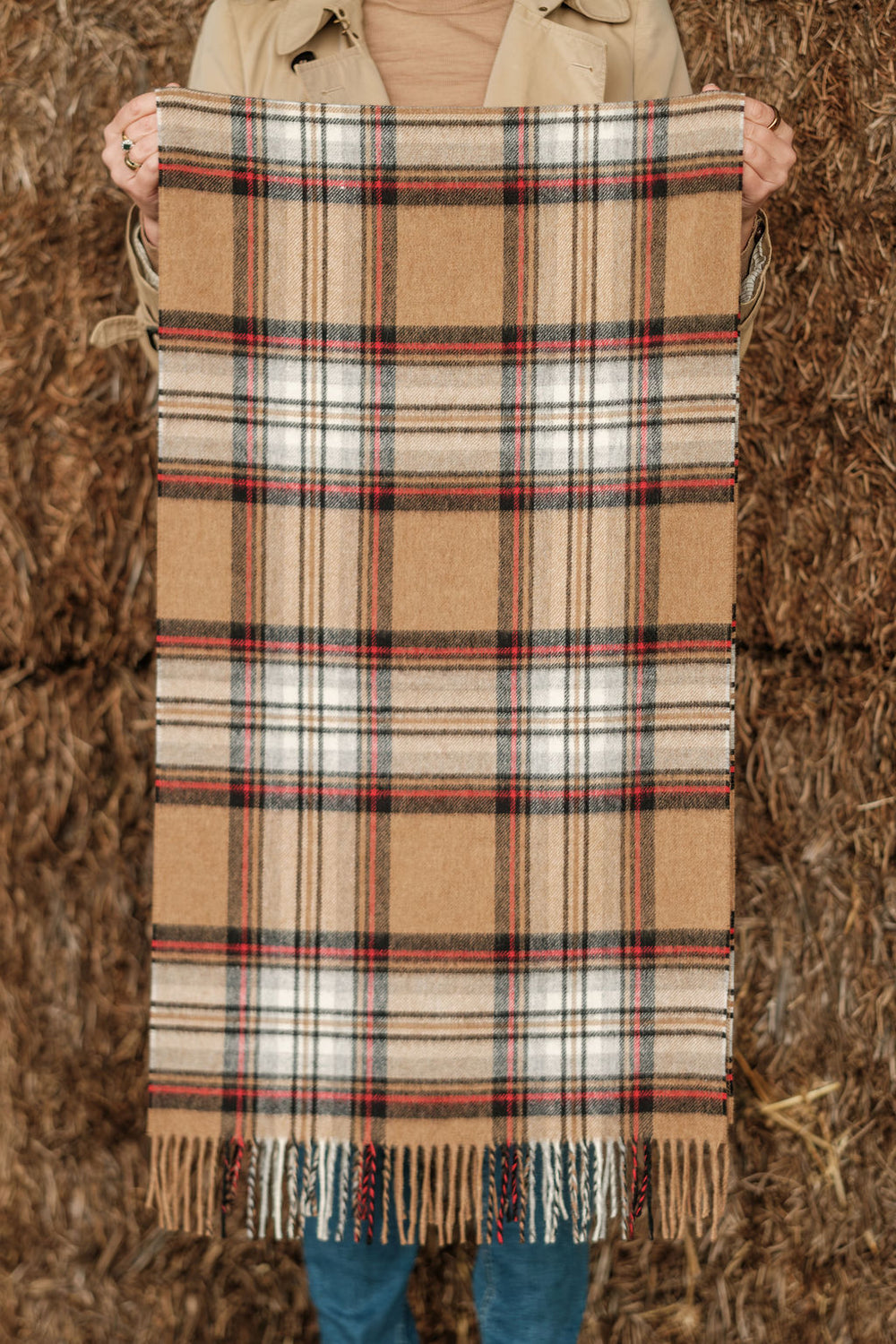 Merino Wool Oversize Tartan Scarf | Camel Stewart