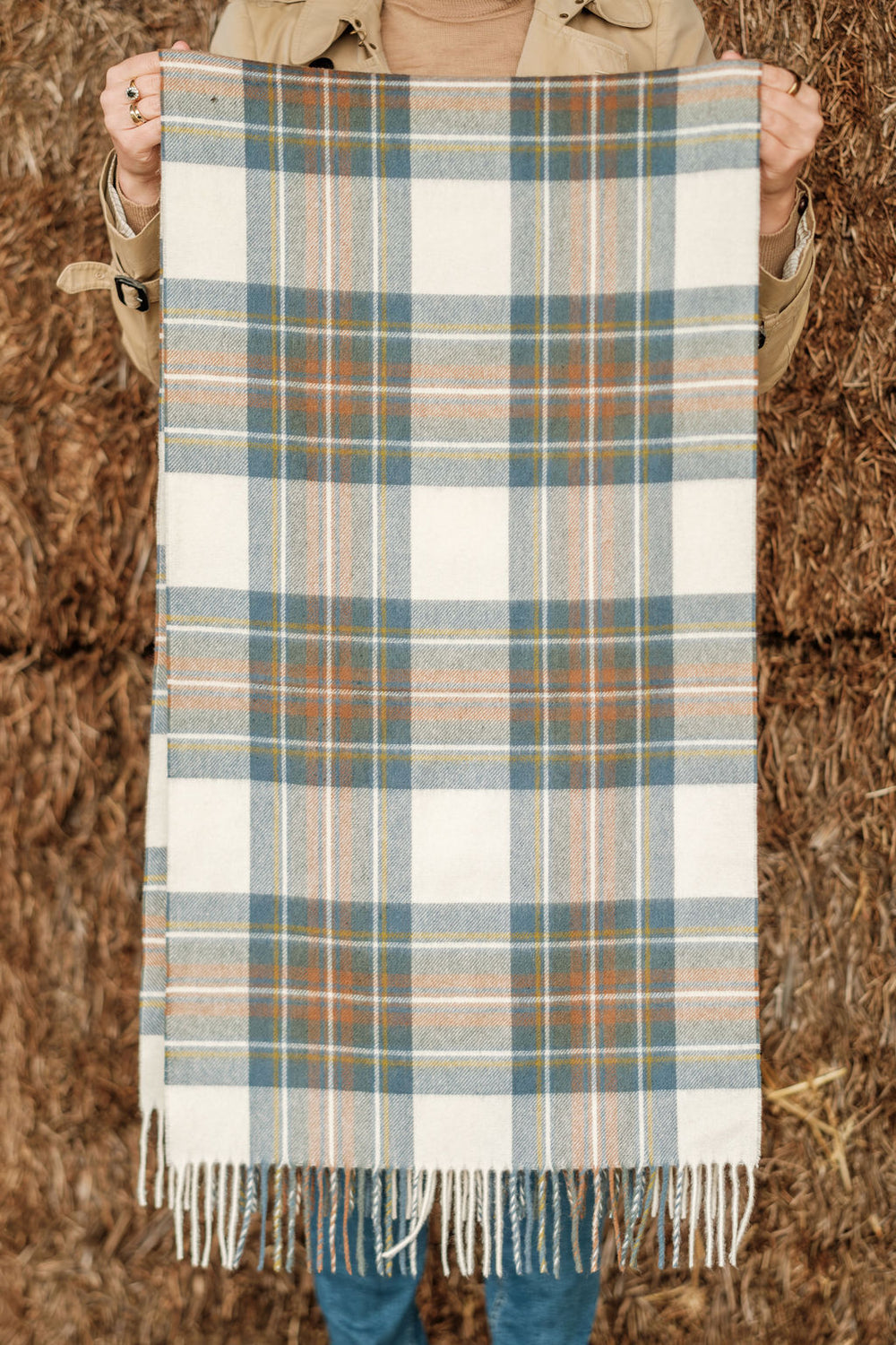 Merino Wool Oversize Tartan Scarf | Muted Blue Stewart